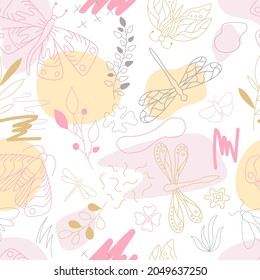 Abstract seamless pattern with shapes, branch, moths and dragonflies. Light pastel color. White background vector illustration.