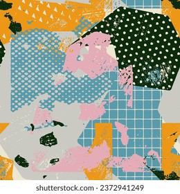 Abstract seamless pattern with shapes with different textures. Vintage background, print, design