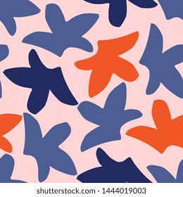 Abstract seamless pattern with shapes in red, blue and violet in pastel pink background.