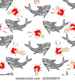 Abstract seamless pattern shark attack and hand on blot.