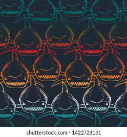 Abstract Seamless pattern with shark linear silhouette. Repeated print with sea predator. Cartoon Sharks endless ornament in grunge style. 