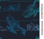 Abstract seamless pattern with shark robot and repeated line background. Linear sharks illustration repeat print for sport textile, fashion clothes. Robotically predator character endlessly ornament.