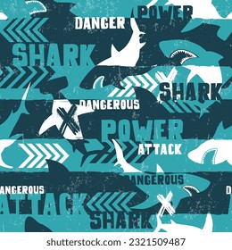 Abstract seamless pattern with shark silhouette on grunge linear background with arrows, text dangerous power attack. Shark silhouette repeat ornament. Big fish predator repeat print for sport textile