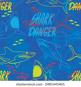 Abstract seamless pattern with shark silhouette, Big fish predator. Grunge modern background for boys and girls,  For prints, T-shirts, textiles,fabric, web. Urban dark wallpaper.