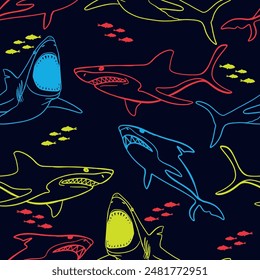 Abstract seamless pattern with shark silhouette, Big fish predator. Grunge modern background for boys and girls,  For prints, T-shirts, textiles,fabric, web. Urban dark wallpaper.