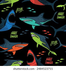 Abstract seamless pattern with shark silhouette, Big fish predator. Grunge modern background for boys and girls,  For prints, T-shirts, textiles,fabric, web. Urban dark wallpaper.