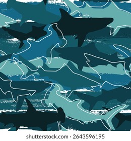 Abstract seamless pattern with sharks. Grunge colored background for textiles. fabric, web, wrapping paper, bed linen. clothes.