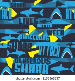 Abstract seamless pattern with sharks.Grunge modern background for boys and girls,  For prints, T-shirts, textiles,fabric, web. Urban dark wallpaper.