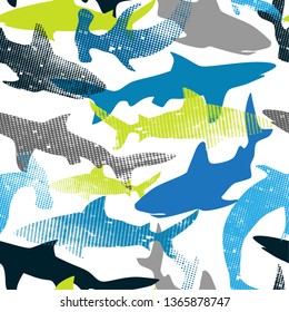 Abstract seamless pattern with sharks.Grunge modern background for boys and girls,  For prints, T-shirts, textiles,fabric, web. Urban dark wallpaper.