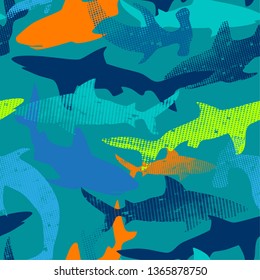 Abstract seamless pattern with sharks.Grunge modern background for boys and girls,  For prints, T-shirts, textiles,fabric, web. Urban dark wallpaper.