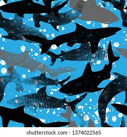 Abstract seamless pattern with sharks.Grunge modern background for boys and girls,  For prints, T-shirts, textiles,fabric, web. Urban dark wallpaper.