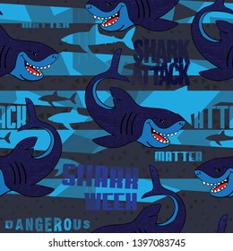 Abstract seamless pattern with sharks.Grunge modern background for boys and girls,  For prints, T-shirts, textiles,fabric, web. Urban dark wallpaper.
