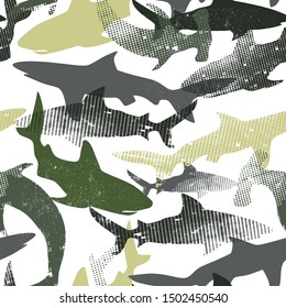 Abstract seamless pattern with sharks.Grunge modern background for boys and girls,  For prints, T-shirts, textiles,fabric, web. Urban dark wallpaper.