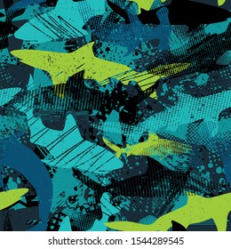 Abstract seamless pattern with sharks.Grunge modern background for boys and girls,  For prints, T-shirts, textiles,fabric, web. Urban dark wallpaper.