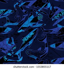 Abstract seamless pattern with sharks.Grunge modern background for boys 