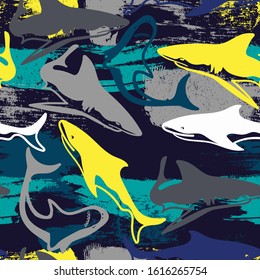 Abstract seamless pattern with sharks.Grunge modern background for boys 