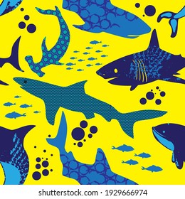 Abstract seamless pattern with sharks.Grunge modern background for boys and girls,  For prints, T-shirts, textiles,fabric, web. Urban dark wallpaper.