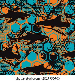 Abstract seamless pattern with sharks.Grunge modern background for boys 