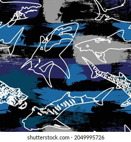 Abstract seamless pattern with sharks.Grunge modern background for boys 