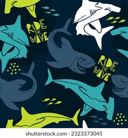 Abstract seamless pattern with sharks.Grunge modern background for boys and girls,  For prints, T-shirts, textiles,fabric, web. Urban dark wallpaper.