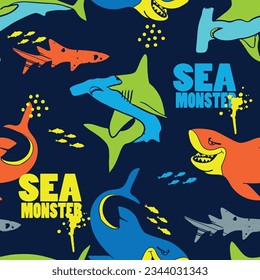 Abstract seamless pattern with sharks.Grunge modern background for boys and girls,  For prints, T-shirts, textiles,fabric, web. Urban dark wallpaper.