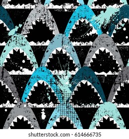 Abstract seamless pattern with sharks.Grunge modern background for boys and girls,  For prints, T-shirts, textiles,fabric, web. Urban dark wallpaper.