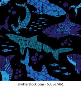 Abstract seamless pattern with sharks.Grunge modern background for boys and girls,  For prints, T-shirts, textiles,fabric, web. Urban dark wallpaper.