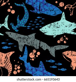 Abstract seamless pattern with sharks.Grunge modern background for boys and girls,  For prints, T-shirts, textiles,fabric, web. Urban dark wallpaper.