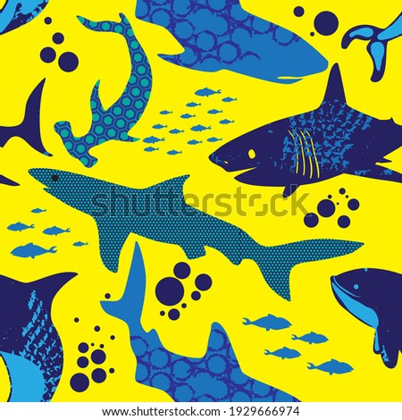Abstract seamless pattern with sharks.Grunge modern background for boys and girls,  For prints, T-shirts, textiles,fabric, web. Urban dark wallpaper.