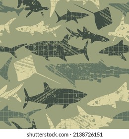 Abstract seamless pattern with sharks.Military Grunge modern background for boys 