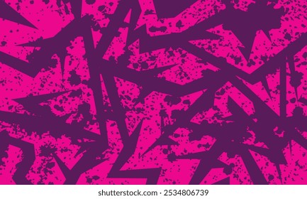 Abstract seamless pattern with sharp, jagged shapes in pink and purple, overlaid with splattered paint. Background Racing style jersey fabric design.