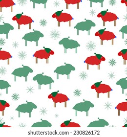 Abstract seamless pattern with sheeps and snowflakes, vector illustration