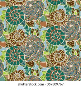 Abstract seamless pattern with shells and leafs. Boho chic. Vector illustration. Use for textile, wallpaper, web page background