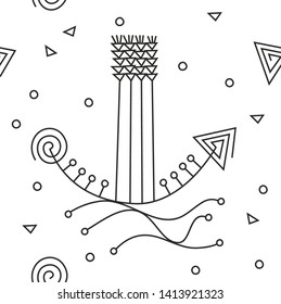 Abstract seamless pattern. A ship with spikelets on waves among various small elements. Stylish line art pictures. 