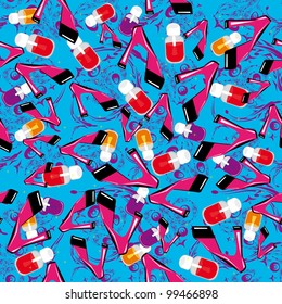 abstract seamless pattern with shoes and colorful nail polishes. vector illustration