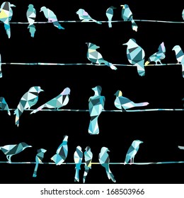 Abstract seamless pattern. Silhouette birds on the wires. Vector illustration.
