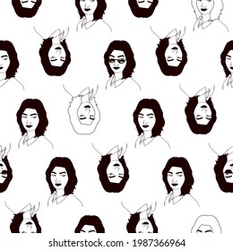 Abstract seamless pattern with silhouette of black-haired girl