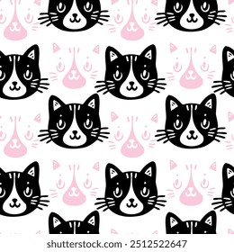 Abstract seamless pattern with a silhouette of a cat's face. Children's pattern for clothes, background for cards and stationery