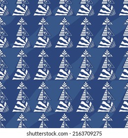 Abstract seamless pattern with silhouette of tree ornated by sun, waves, trees, leaves, flower. Blue sea Pattern for textile, background, print. Vector illustration