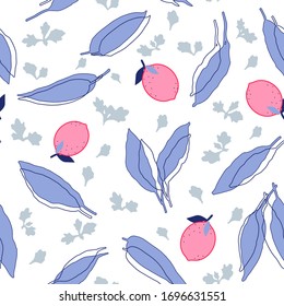 Abstract seamless pattern with silhouettes of leaves and lemon. Nature vector background