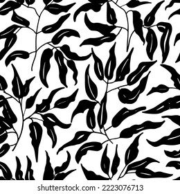 Abstract seamless pattern with  silhouettes leaves, hand drawn. Plant motif with branch silhouettes, decorative brush twigs. Black ink texture with foliage.