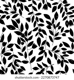 Abstract seamless pattern with  silhouettes leaves and  small flowers , hand drawn. Plant motif with branch silhouettes, decorative brush twigs. Black ink texture with foliage.