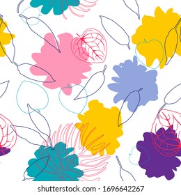 Abstract seamless pattern with silhouettes and prints of colorful leaves. Nature vector background