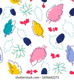 Abstract seamless pattern with silhouettes and prints of colorful leaves. Nature vector background