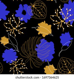 Abstract seamless pattern with silhouettes and prints of leaves. Nature vector background
