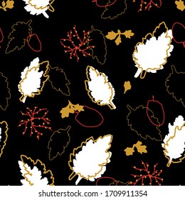 Abstract seamless pattern with silhouettes and prints of leaves. Nature vector background