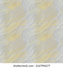 Resumen de un patrón impecable. Textura plateada y de rayas doradas. Líneas curvadas onduladas sobre fondo gris
