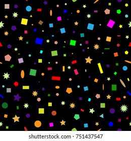 Abstract seamless pattern of simple and colorful geometric shapes of different colors, vector illustration on black background