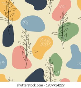 Abstract seamless pattern. Simple doodle shapes and nature floral elements. Modern colorful contemporary vector illustration. Hand drawing branches on light background.