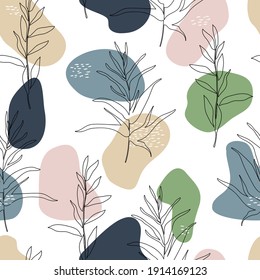 Abstract seamless pattern. Simple doodle shapes and nature floral elements. Modern colorful contemporary vector illustration. Hand drawing branches on light background.